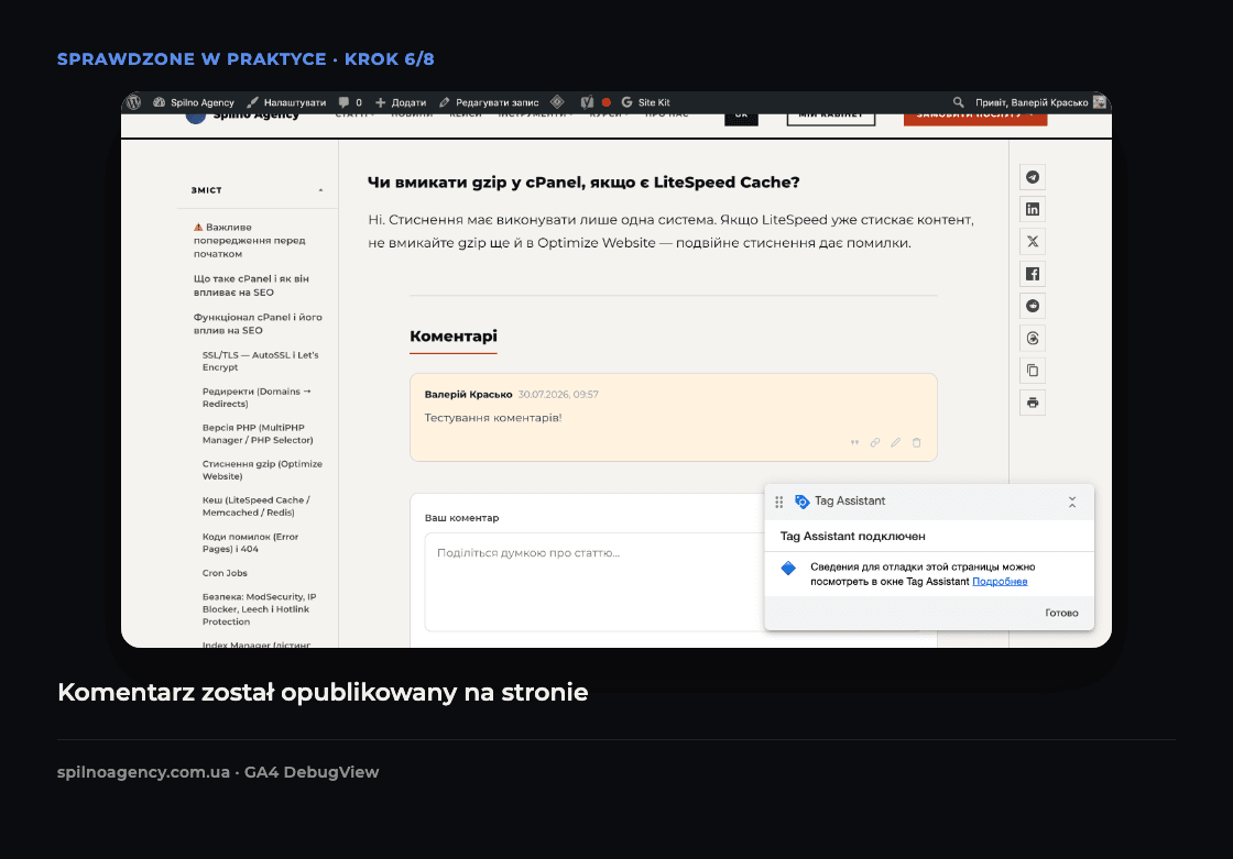 Zrzut ekranu: testowy komentarz opublikowany na stronie artykułu