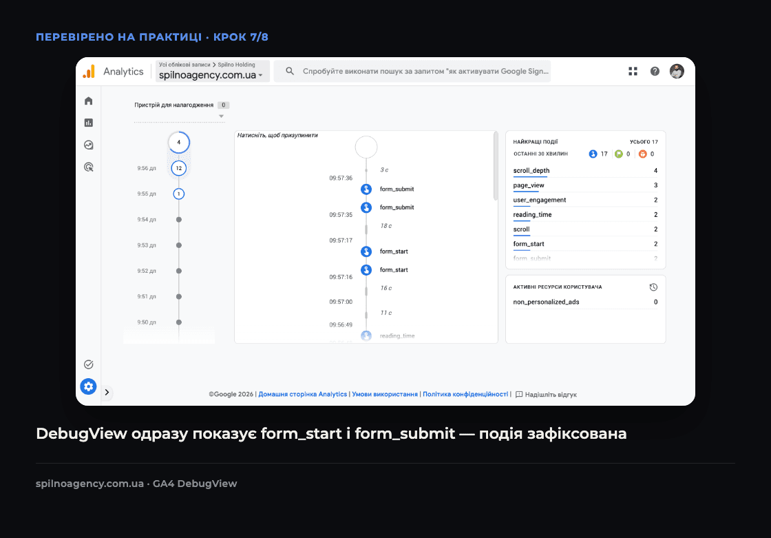 Скріншот: DebugView показує події form_start і form_submit одразу після відправки коментаря