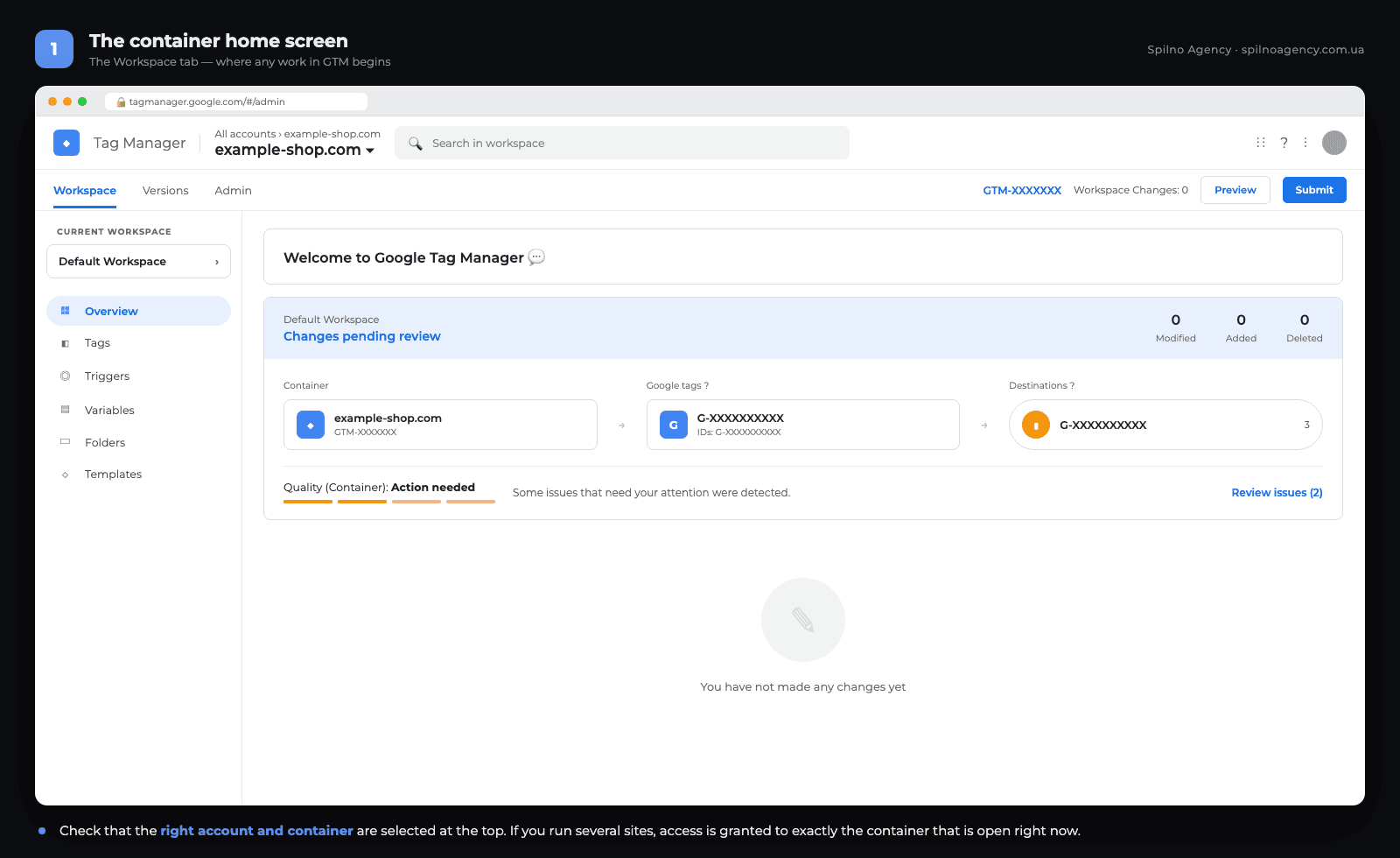 Google Tag Manager container home screen — Workspace tab