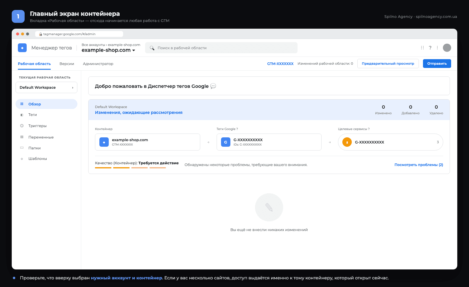Главный экран контейнера Google Tag Manager — вкладка Рабочая область