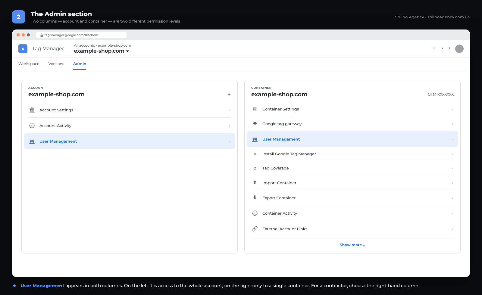 Admin section in Google Tag Manager: account and container columns
