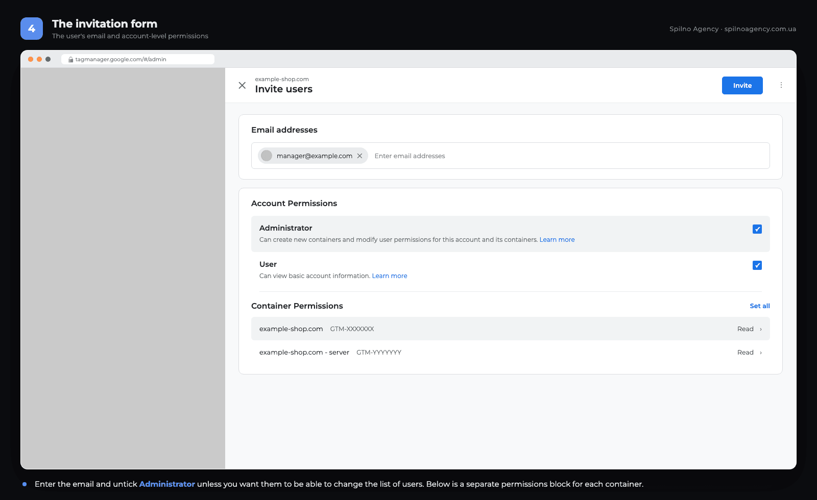 Google Tag Manager invite user form with account permissions