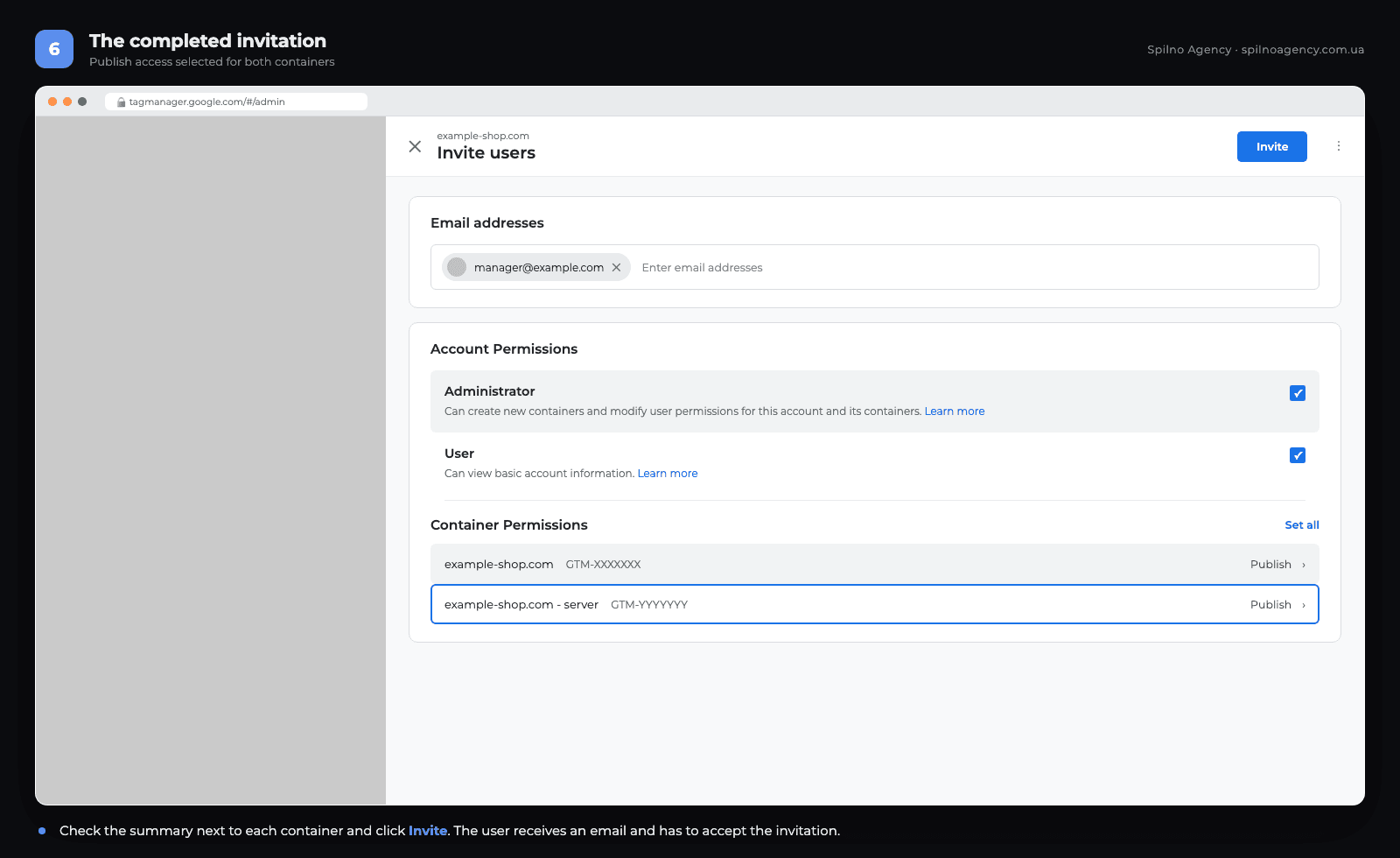 Completed Google Tag Manager invitation with Publish access