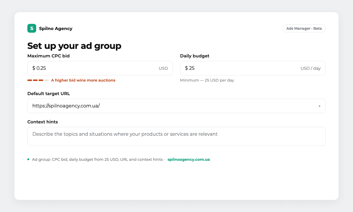 ChatGPT Ads ad group setup: maximum CPC bid, daily budget from 25 USD, target URL and context hints
