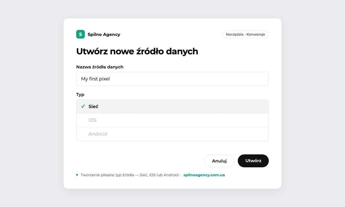 Tworzenie piksela (źródła danych) w ChatGPT Ads: wybór typu — Sieć, iOS lub Android