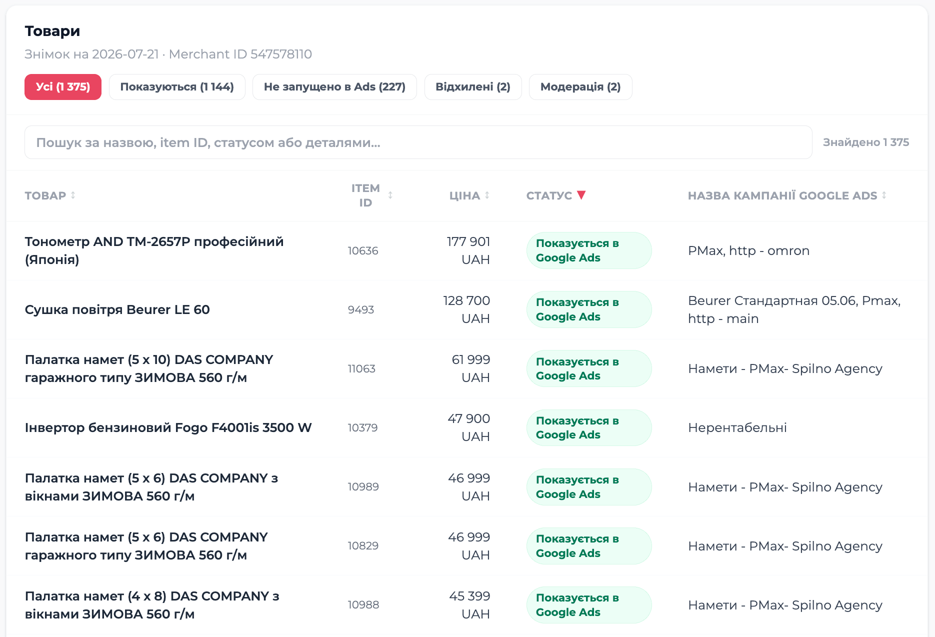 RobotsCheck product table with search, Merchant status, and Google Ads campaign name