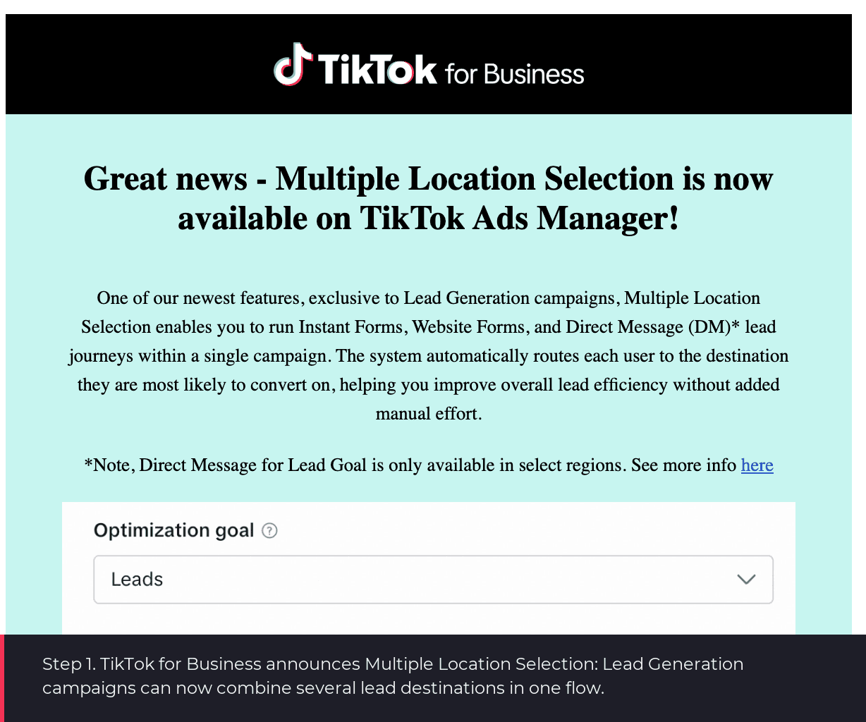 TikTok for Business email announcing Multiple Location Selection for Lead Generation campaigns