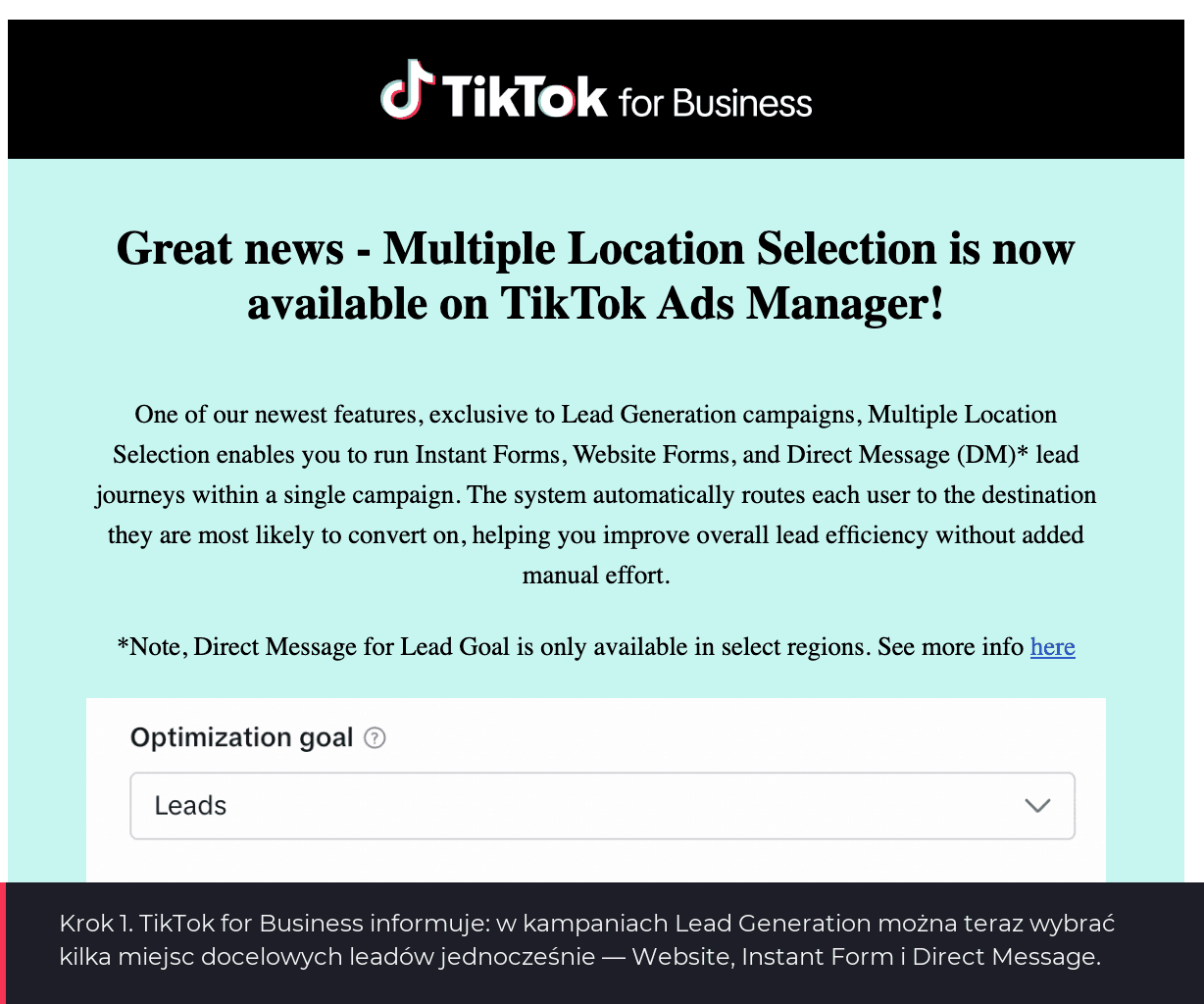 Wiadomość TikTok for Business o uruchomieniu Multiple Location Selection dla kampanii Lead Generation
