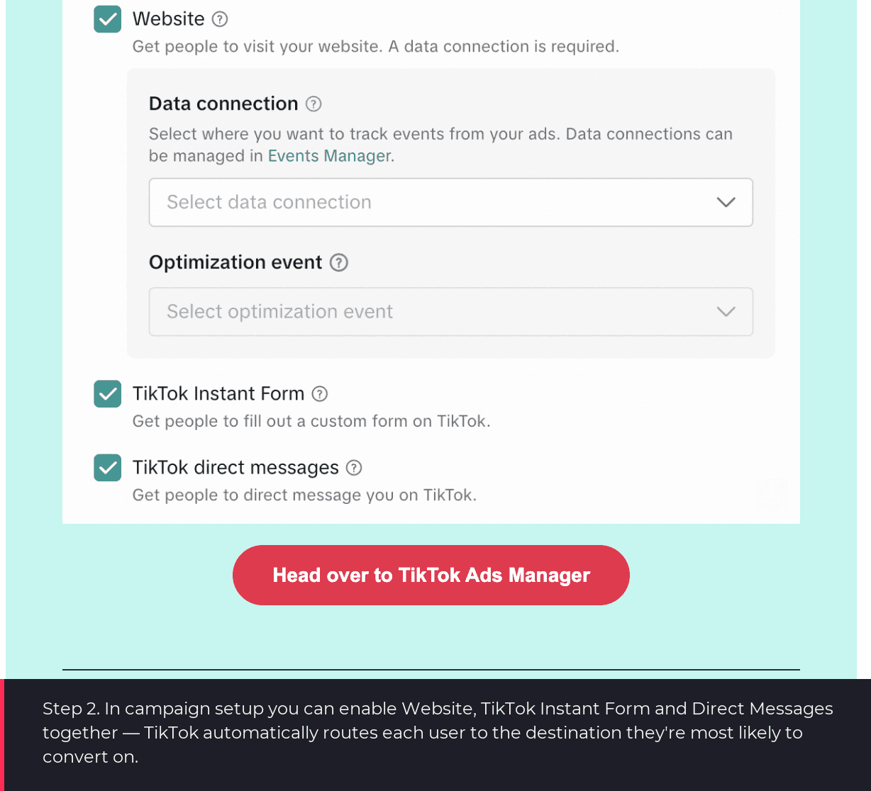 TikTok Ads Manager interface: selecting Website, TikTok Instant Form and Direct Message together for a Lead Generation campaign