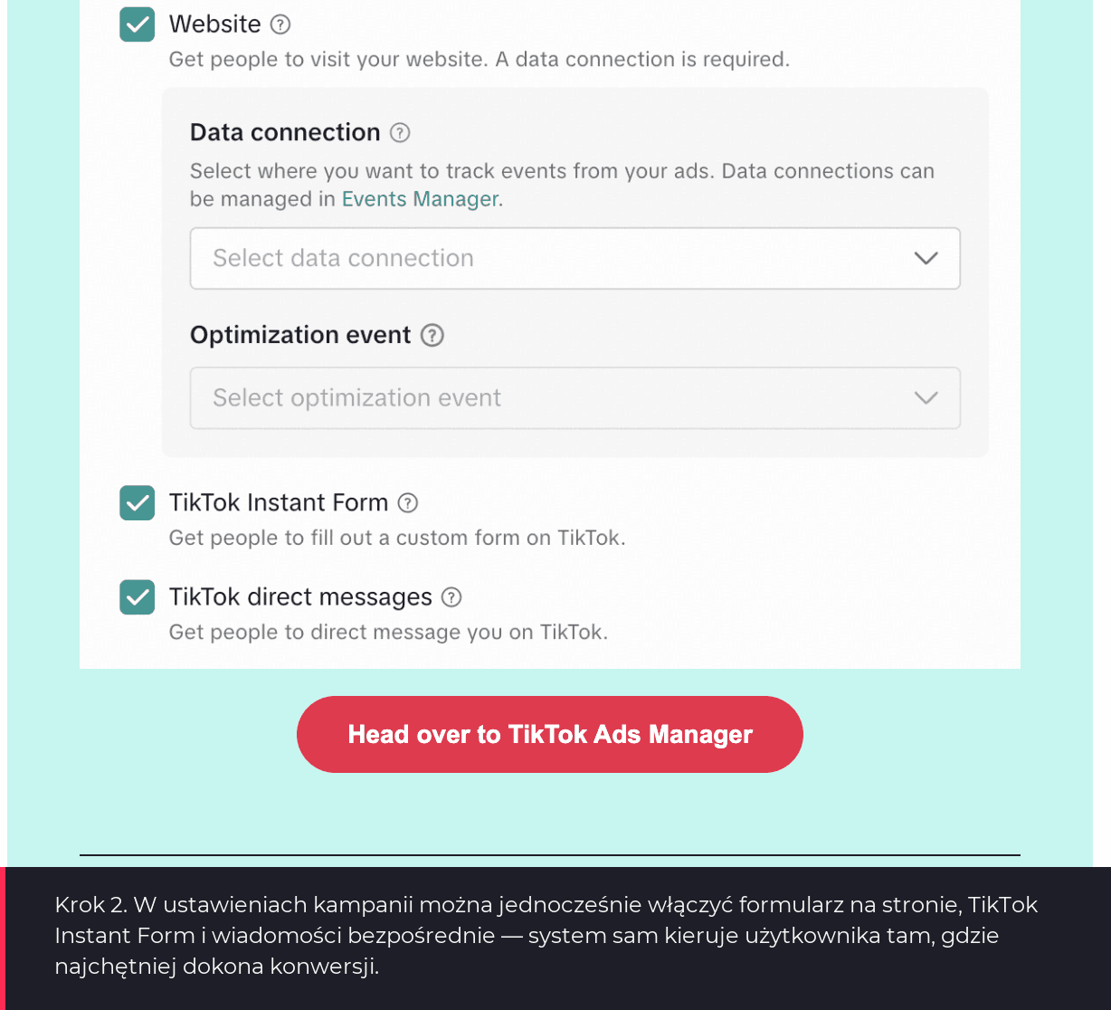 Interfejs TikTok Ads Manager: jednoczesny wybór Website, TikTok Instant Form i Direct Message dla kampanii Lead Generation