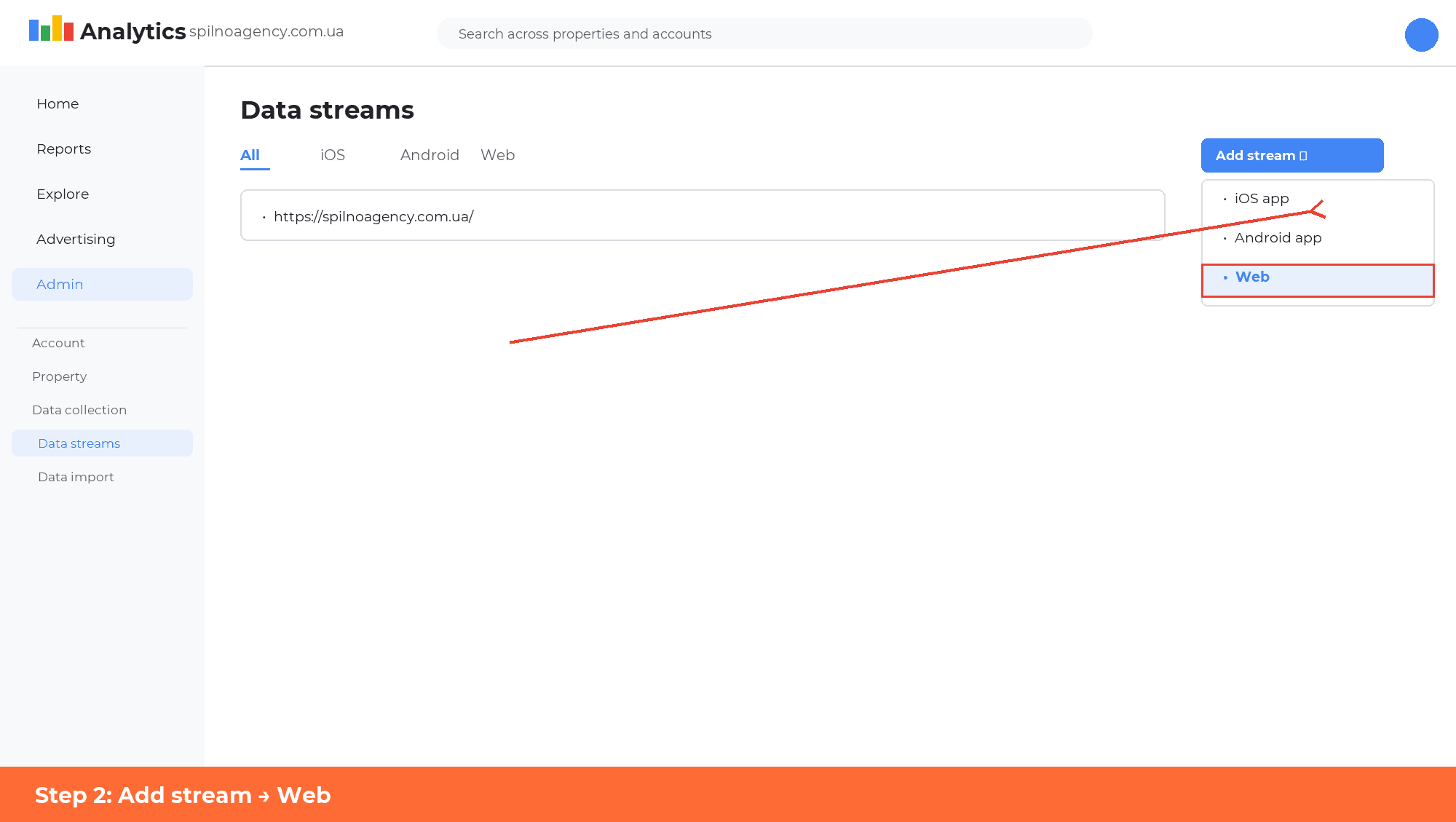 GA4 — Step 2: Add stream → Web