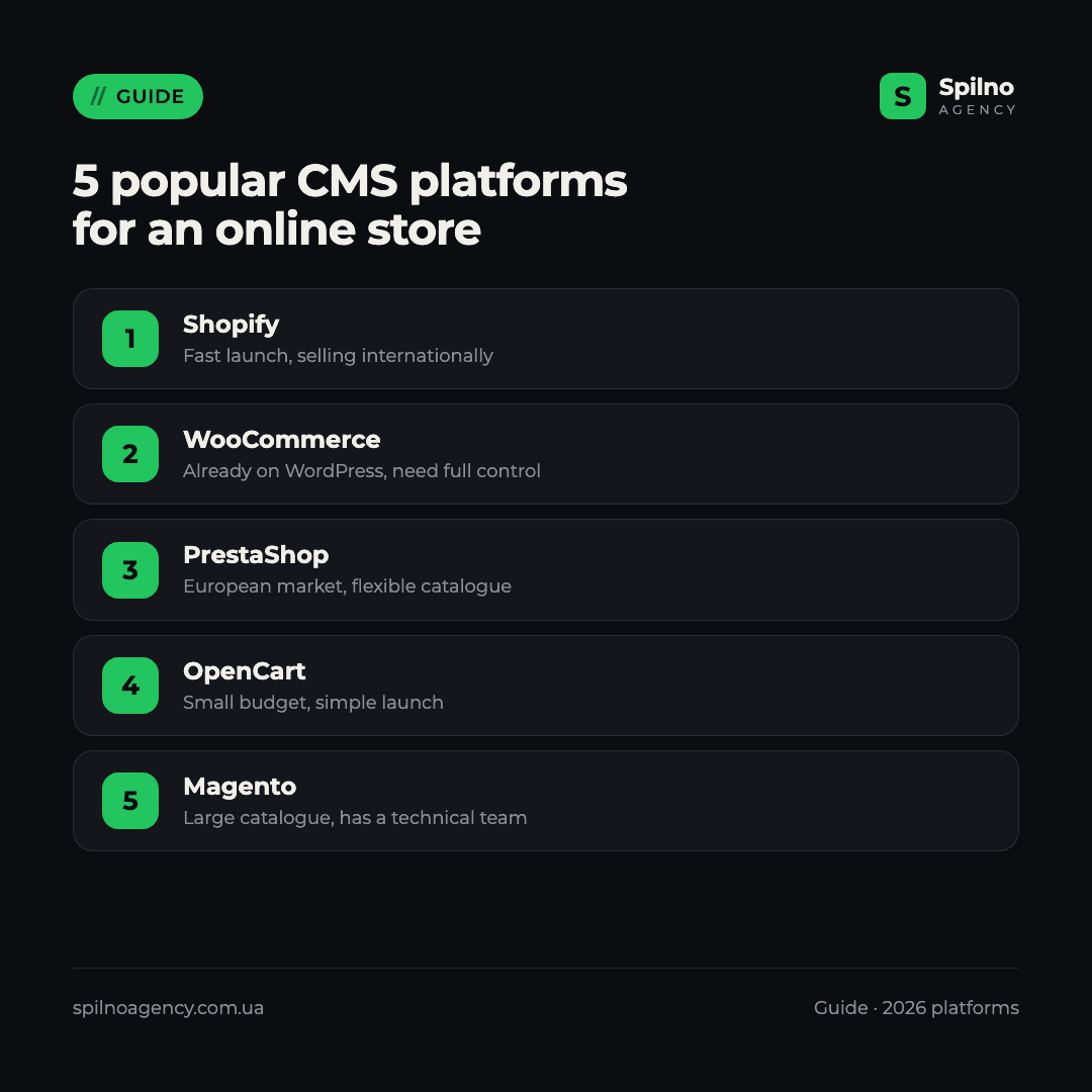 Infographic: 5 popular CMS platforms for an online store — Shopify, WooCommerce, PrestaShop, OpenCart, Magento