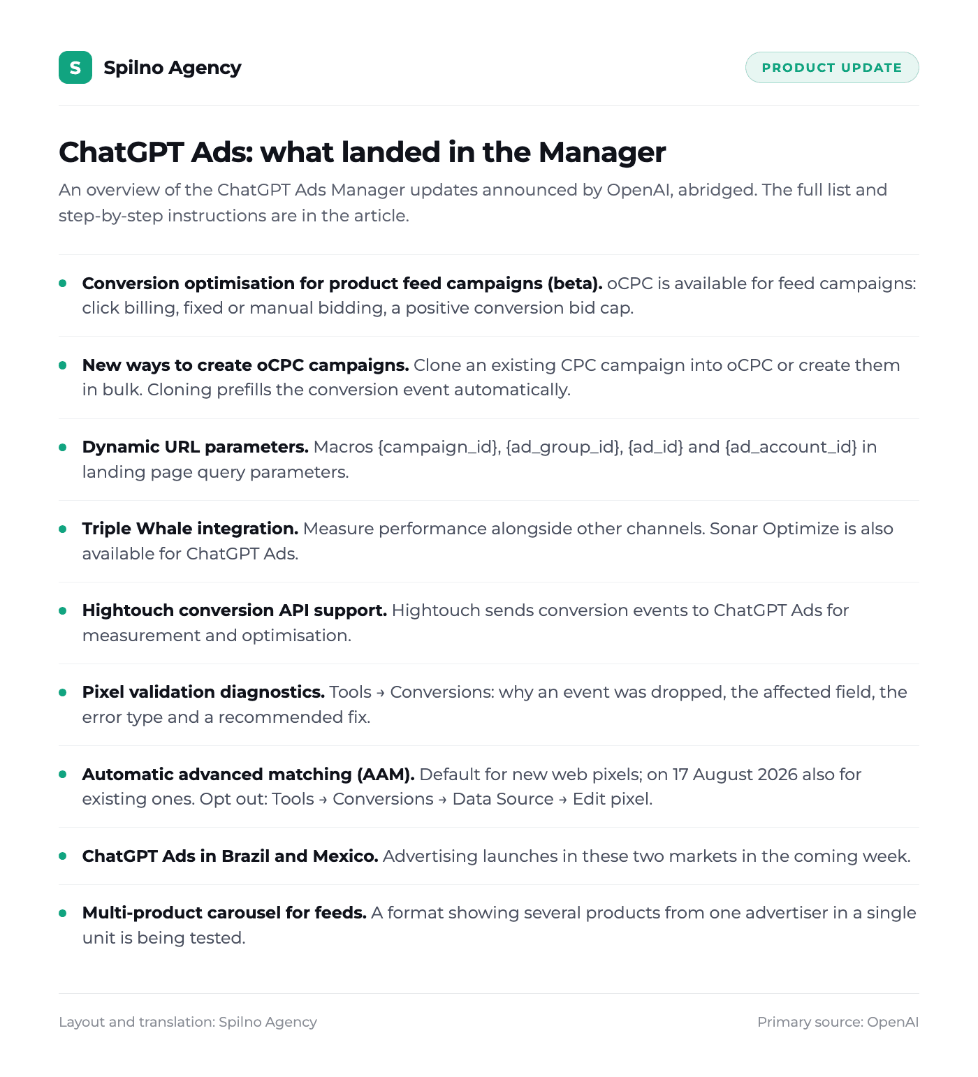 List of ChatGPT Ads Manager updates announced by OpenAI, in English
