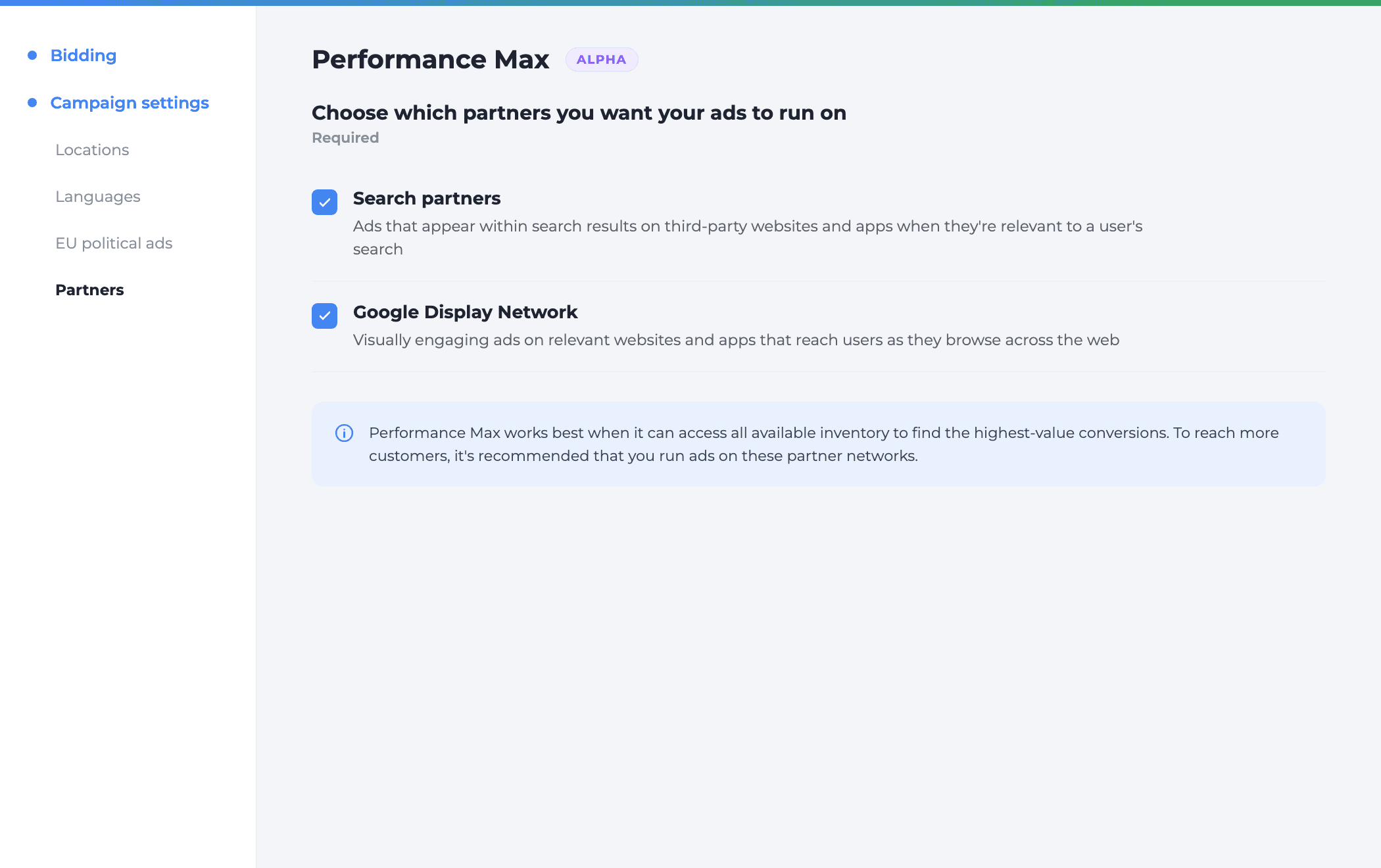 Performance Max Search Partners Google Display Network