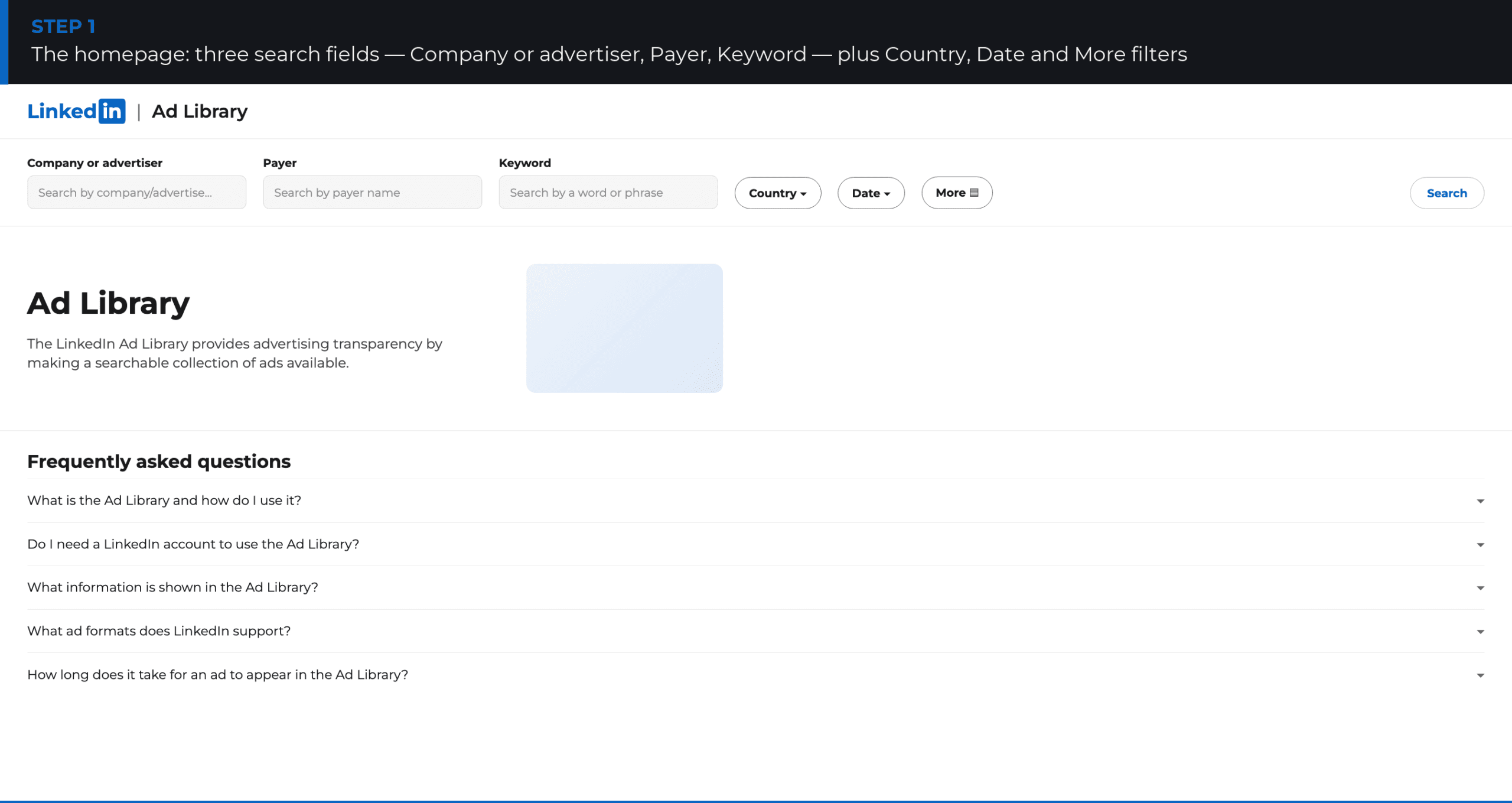 LinkedIn Ads Library homepage: Company or advertiser, Payer, Keyword search fields