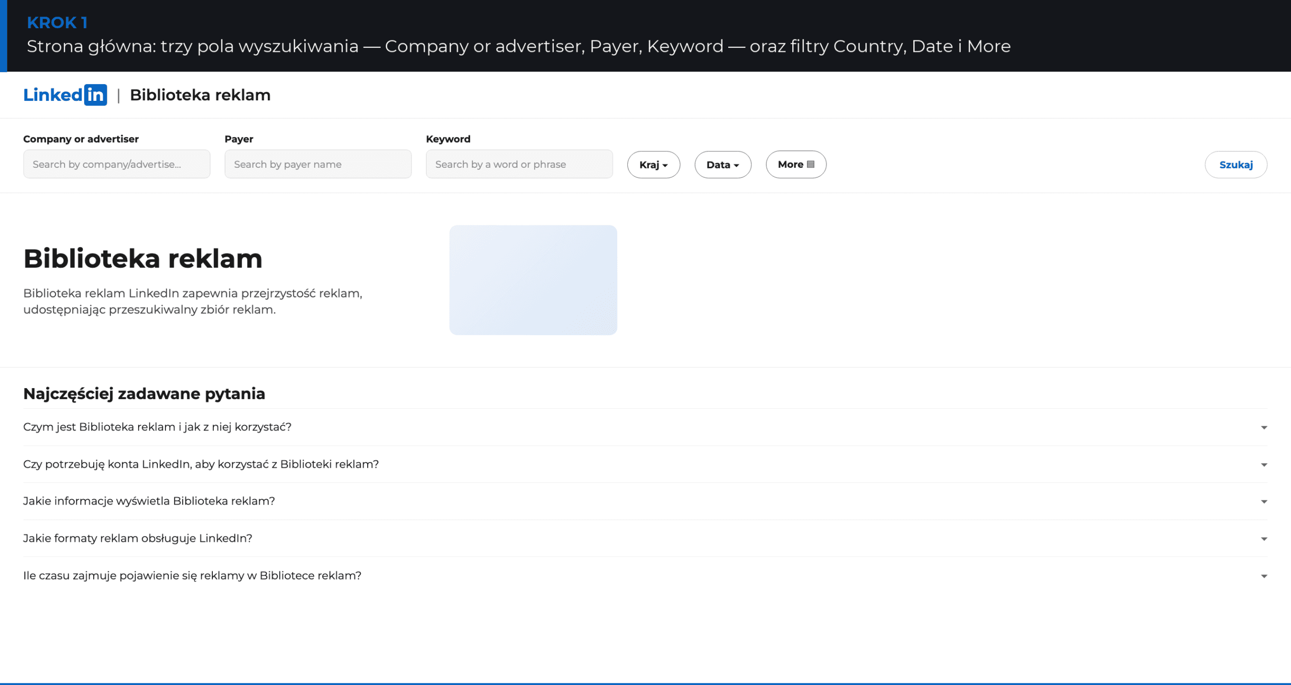Strona główna LinkedIn Ads Library: pola Company or advertiser, Payer, Keyword