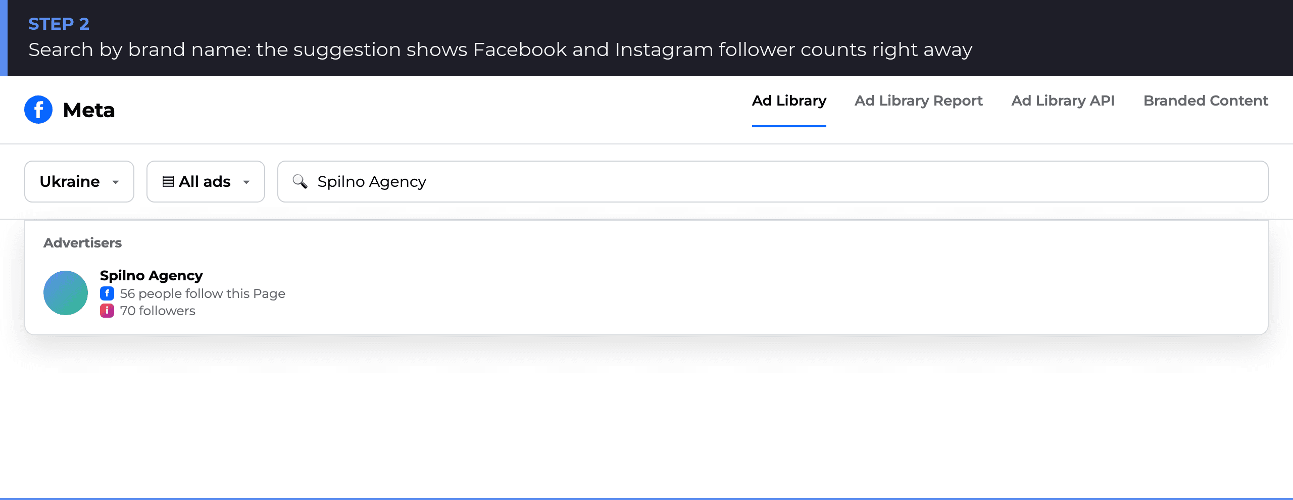 Searching for an advertiser in the Meta Ads Library: suggestion with Facebook and Instagram followers