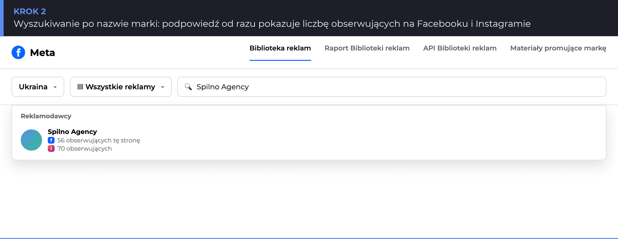 Wyszukiwanie reklamodawcy w Bibliotece reklam Meta: podpowiedź z obserwującymi Facebook i Instagram