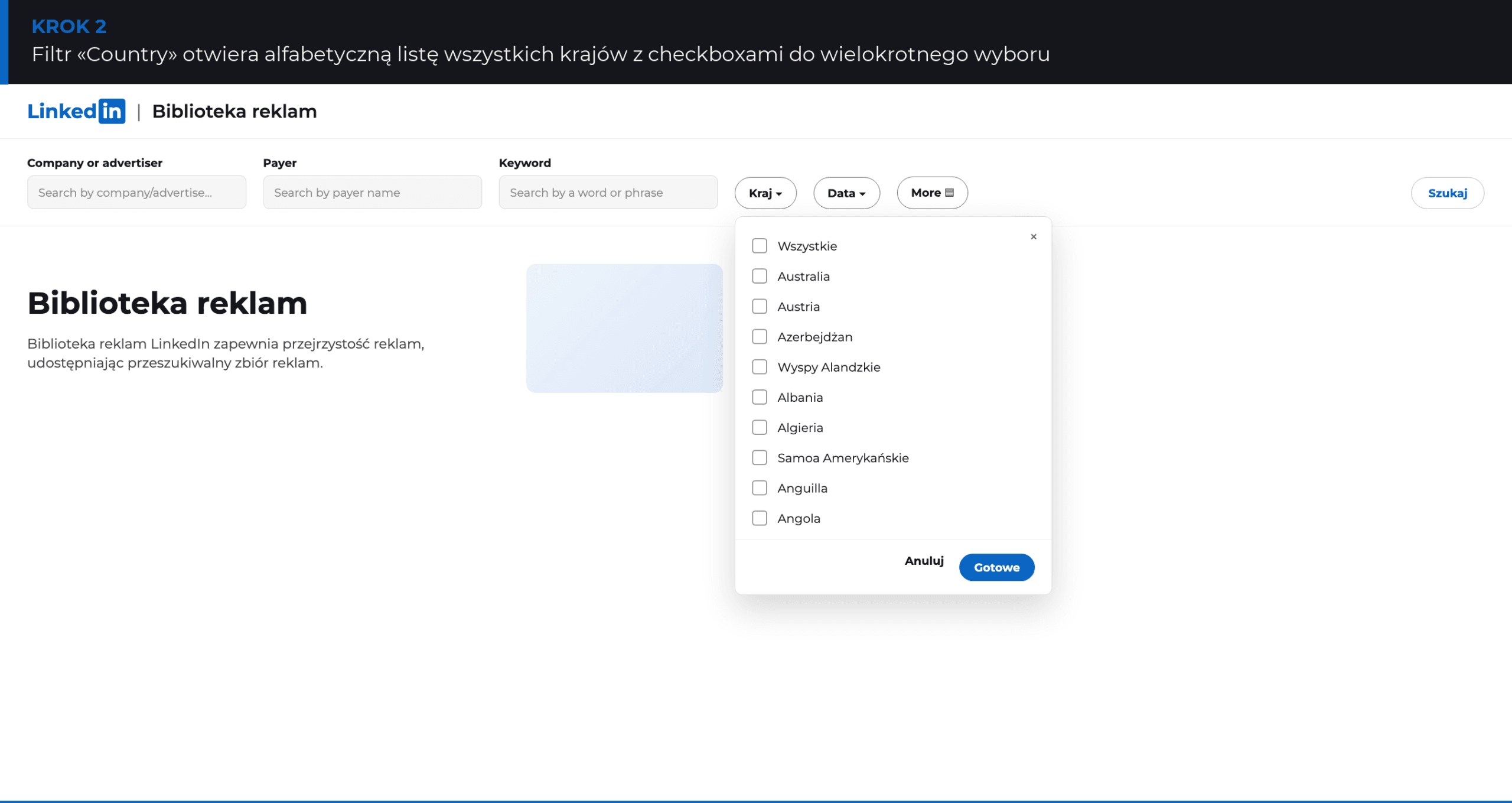 Filtr kraju w LinkedIn Ads Library: lista wszystkich krajów z checkboxami