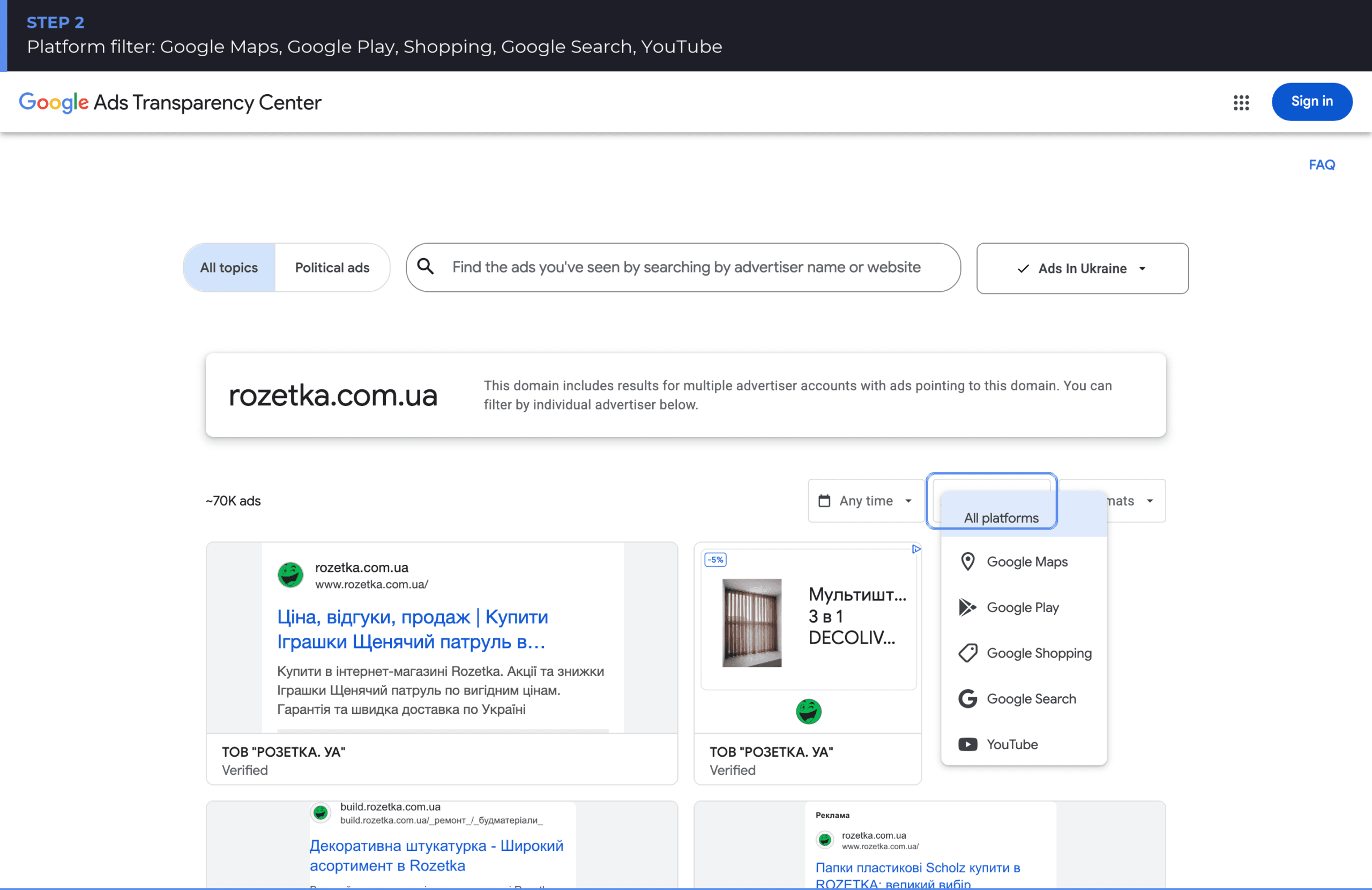 Platform filter: Google Maps, Google Play, Shopping, Google Search, YouTube