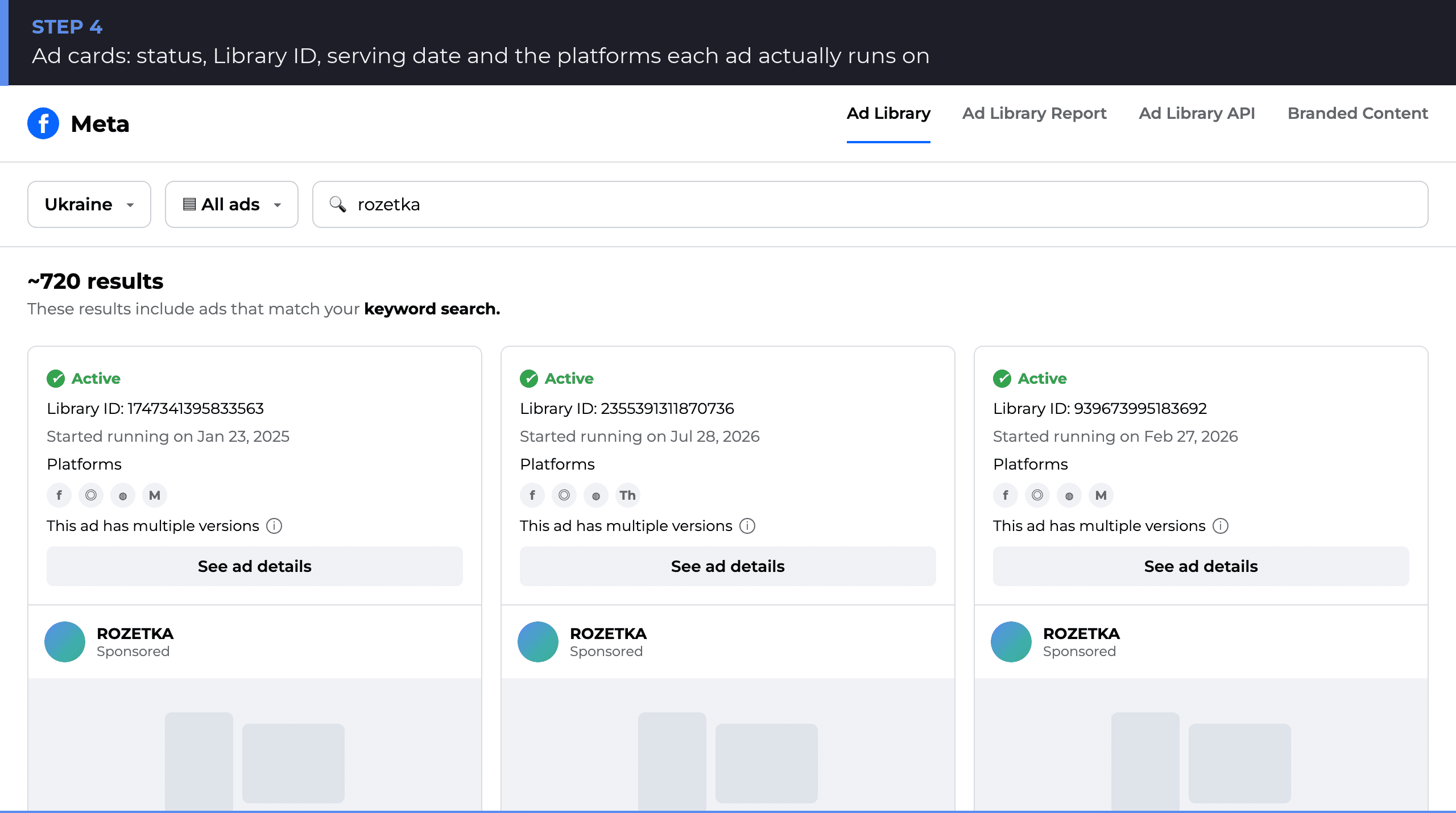 Ad cards in the Meta Ads Library: status, Library ID, platforms