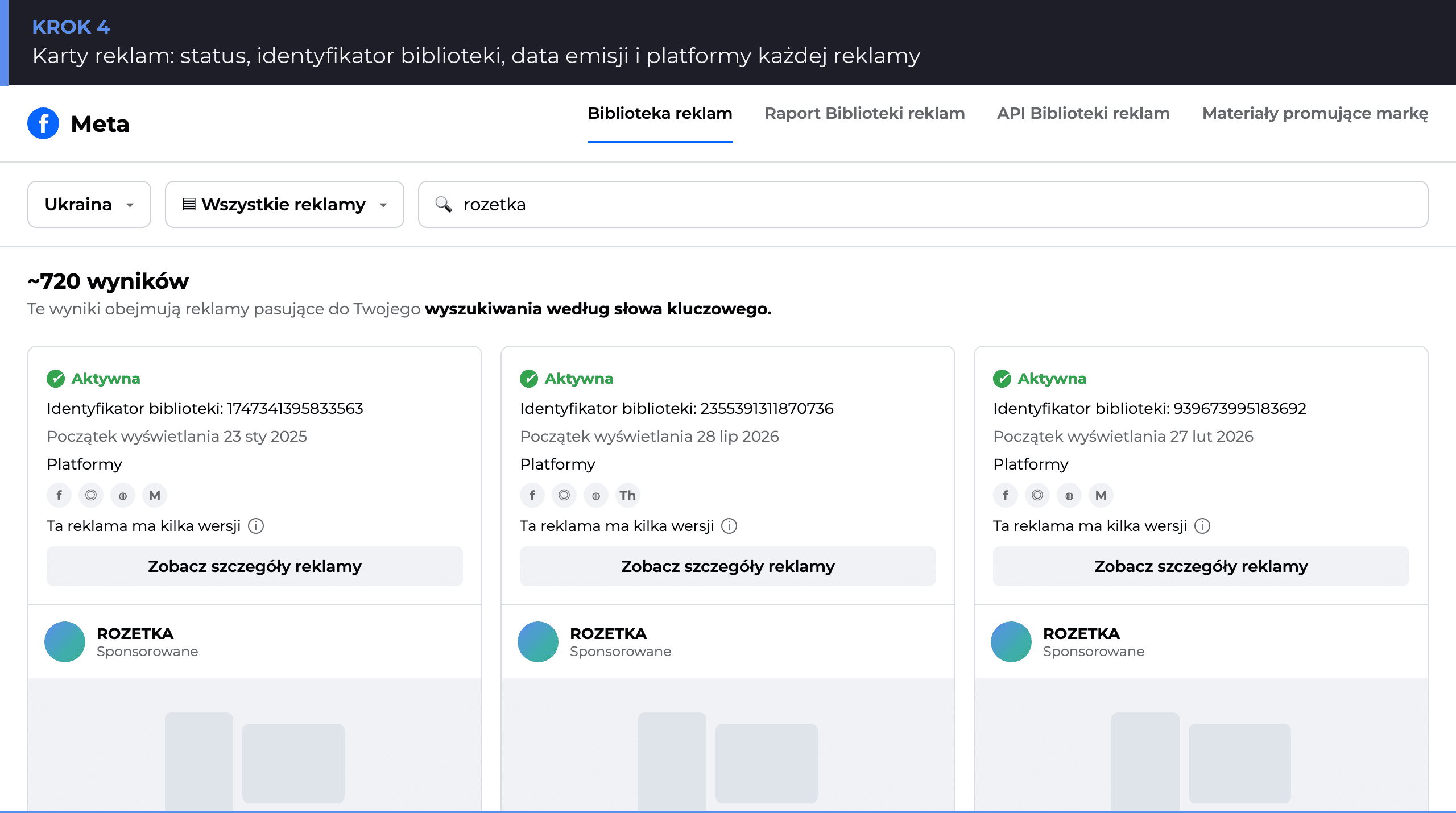 Karty reklam w Bibliotece reklam Meta: status, identyfikator biblioteki, platformy