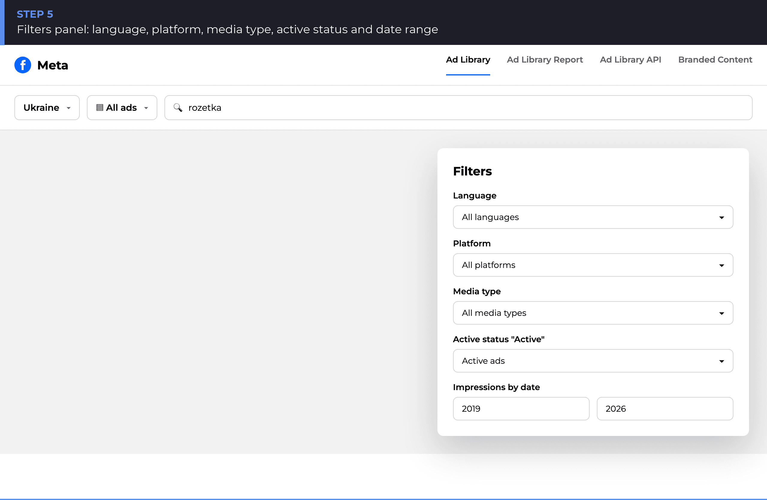 Meta Ads Library filters panel: language, platform, media type, status, date