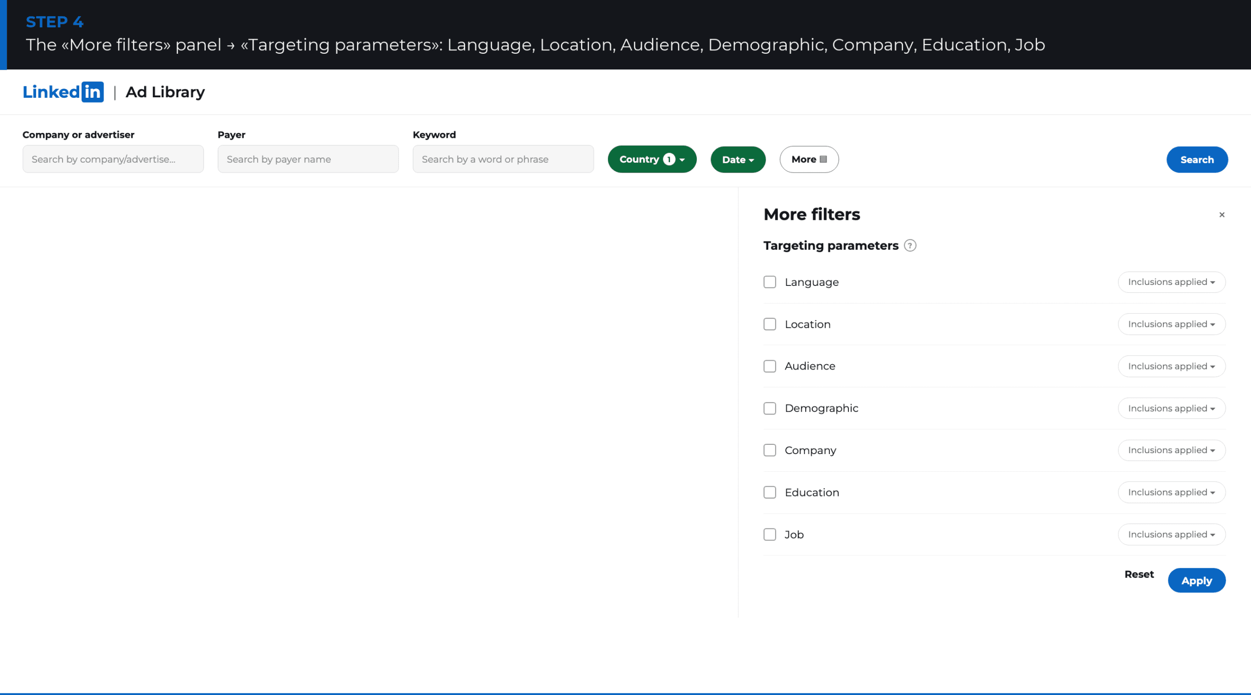 Targeting parameters in the LinkedIn Ads Library: Language, Location, Audience, Company, Job
