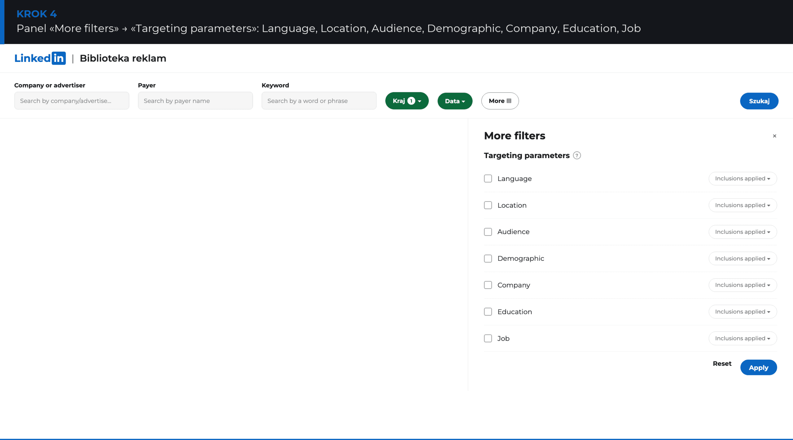 Parametry targetowania w LinkedIn Ads Library: Language, Location, Audience, Company, Job