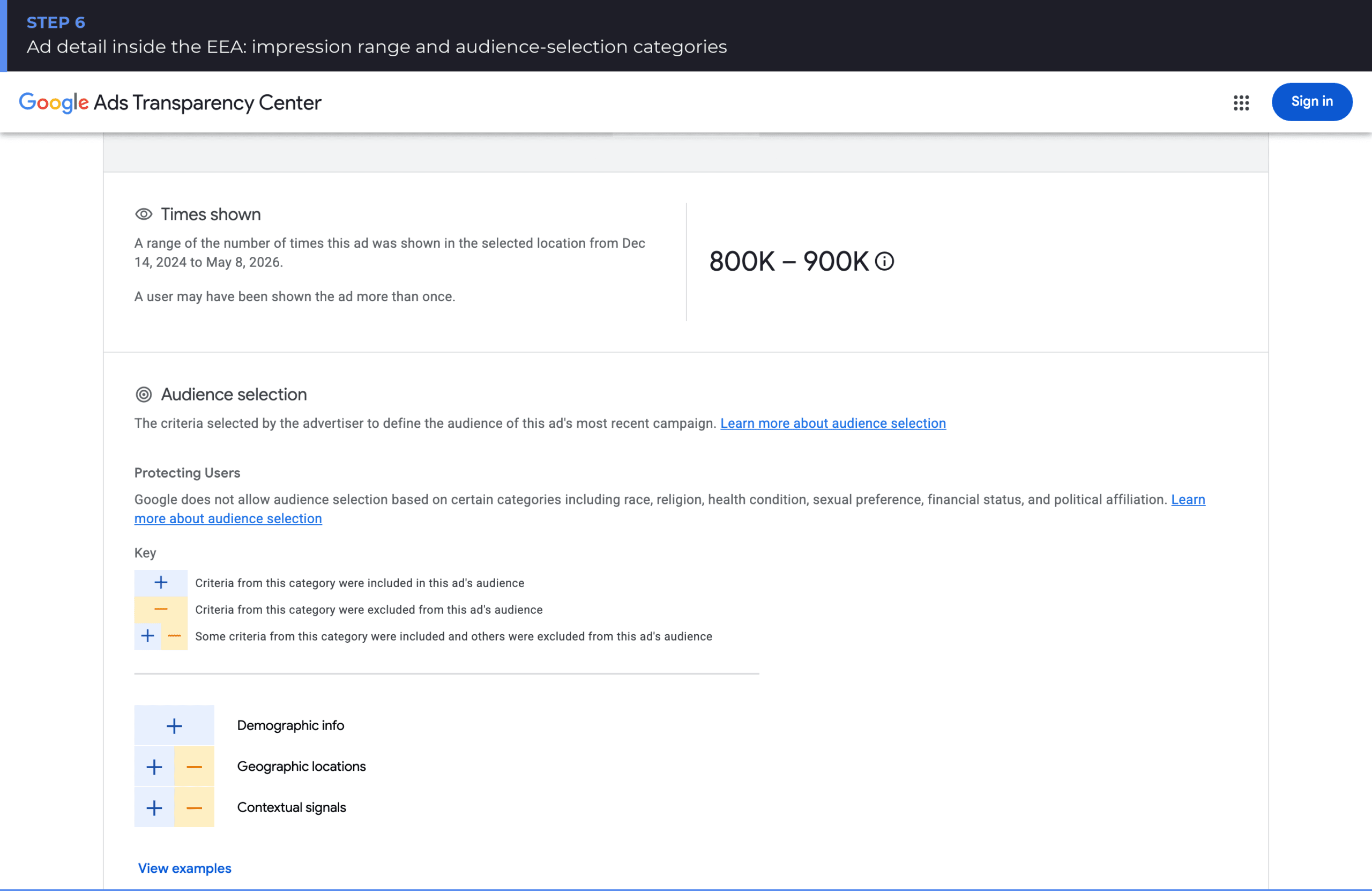 Ad detail card in the EEA: impression range and audience-selection categories