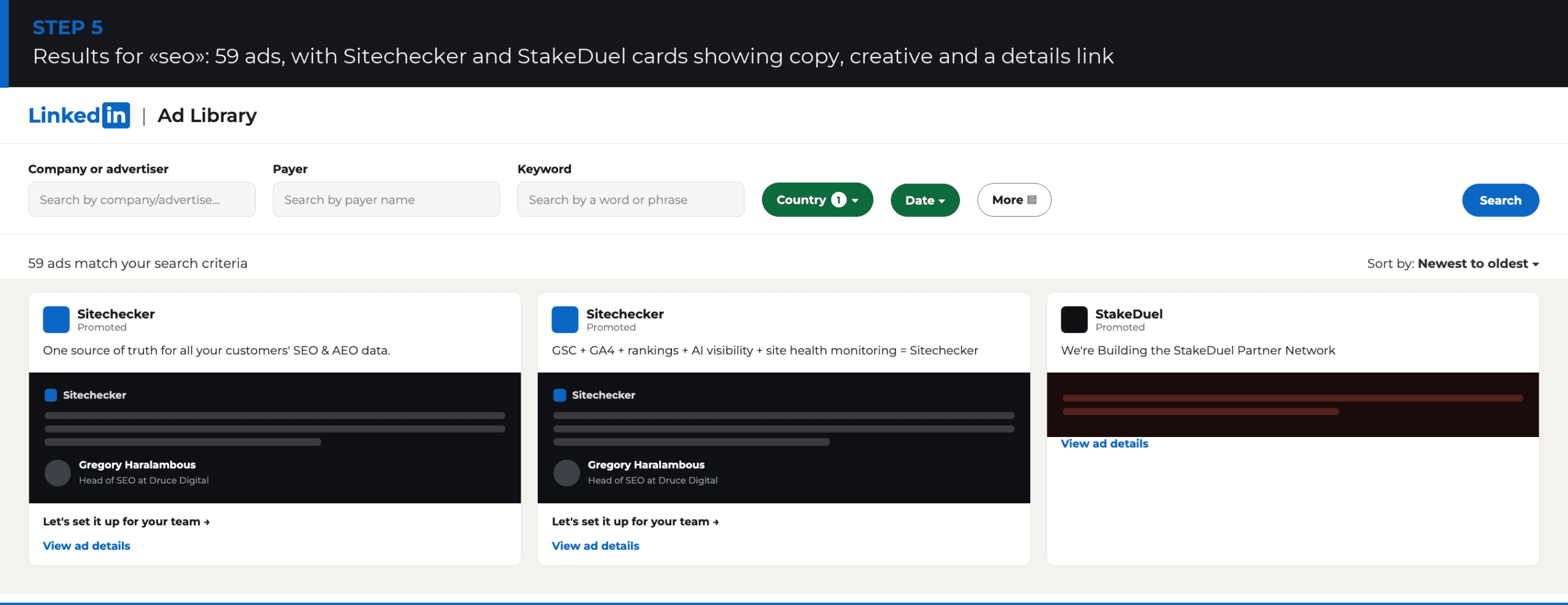 LinkedIn Ads Library results for «seo»: Sitechecker and StakeDuel ad cards