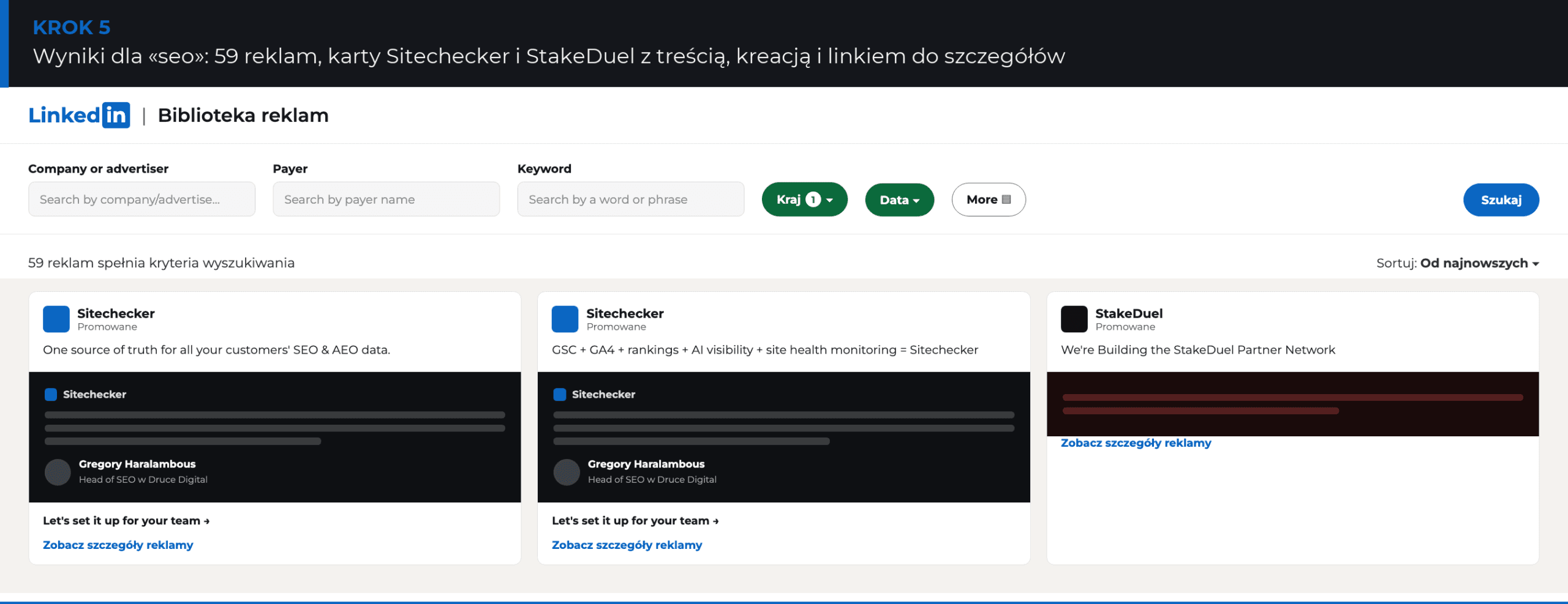 Wyniki LinkedIn Ads Library dla «seo»: karty reklam Sitechecker i StakeDuel